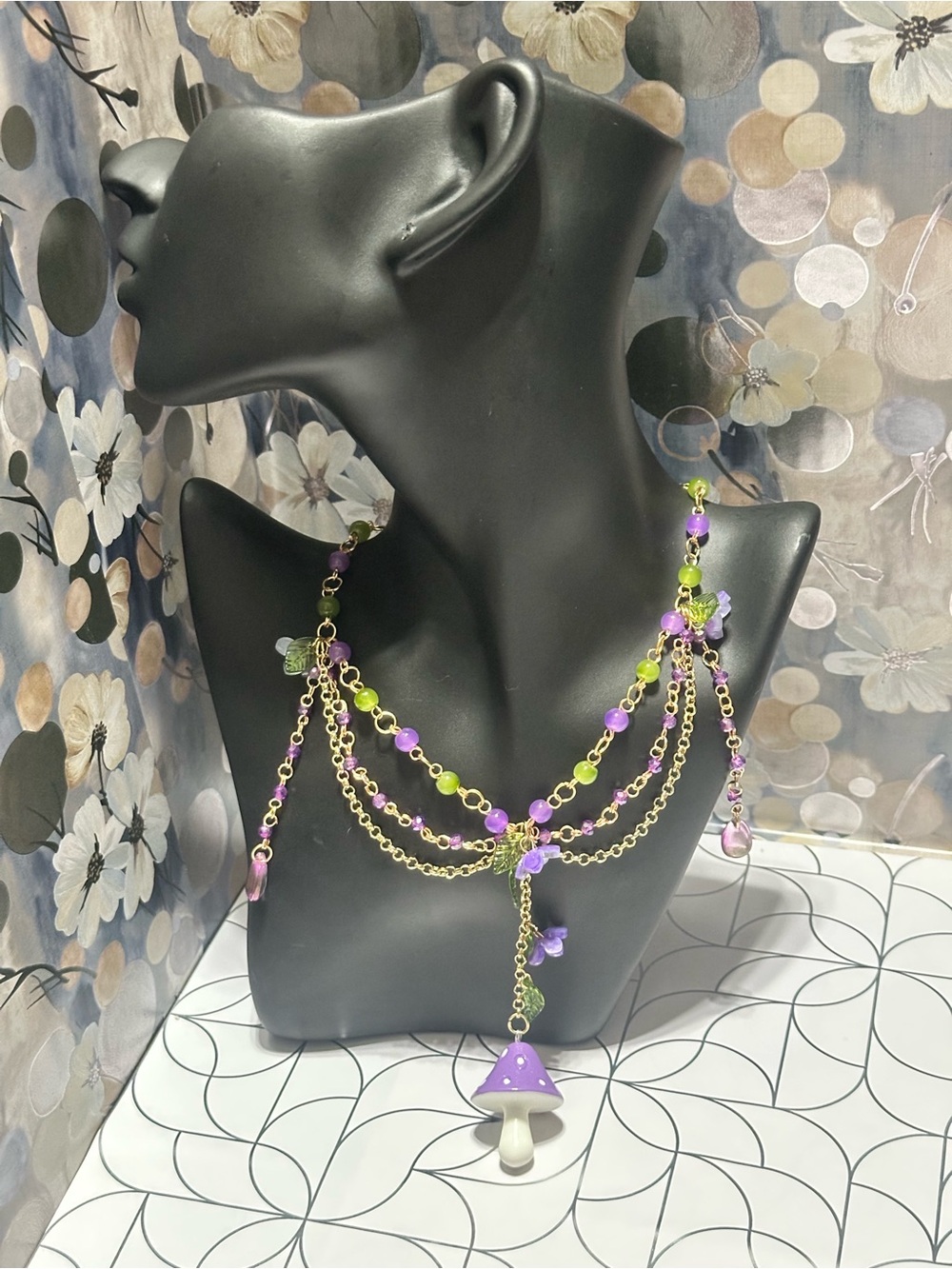 Handcrafted Purple & Green Mushroom Charm Layered Necklace - Women Jewelry